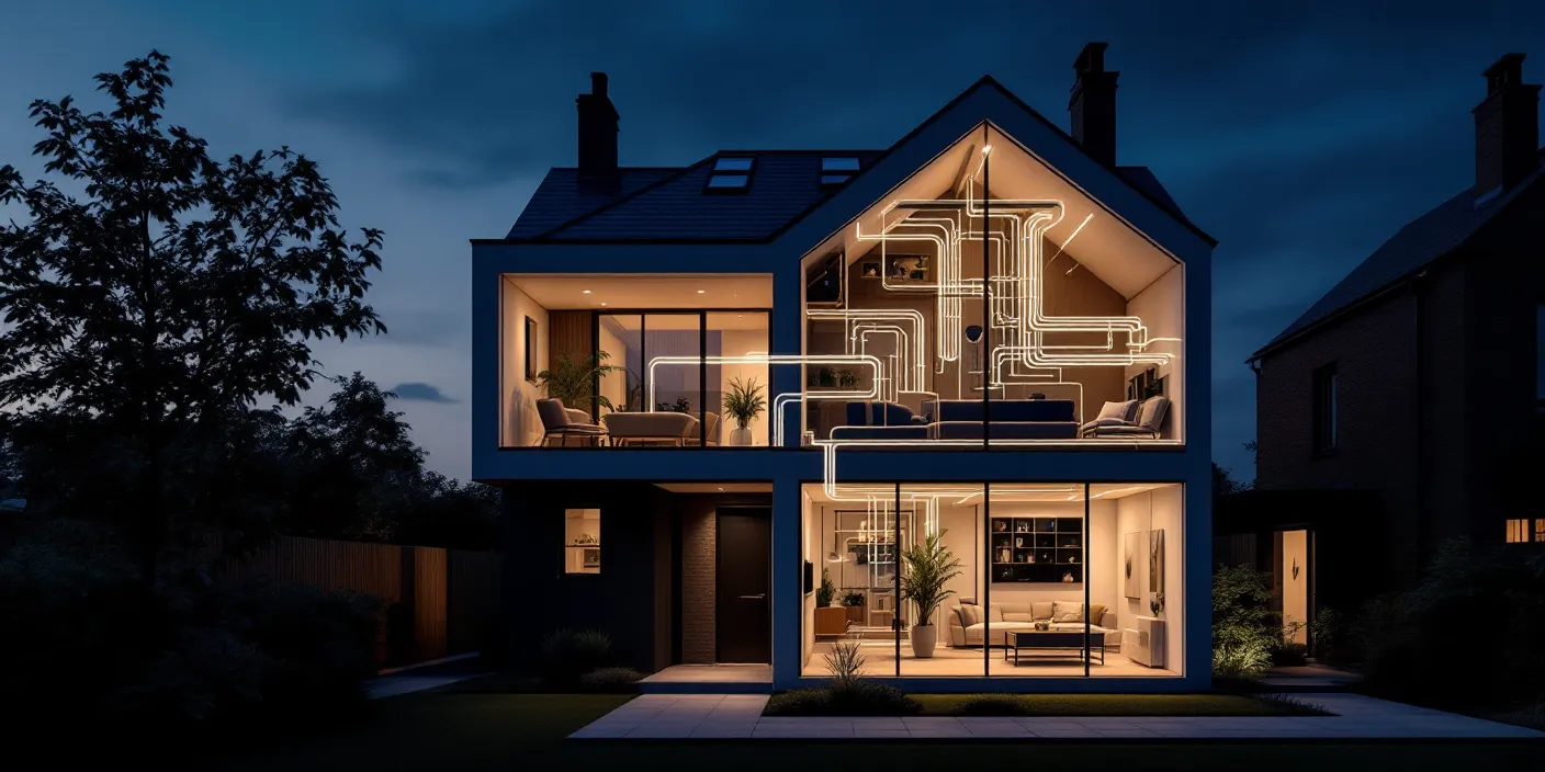 Cross-section showing plumbing and heating pipes in a new build home